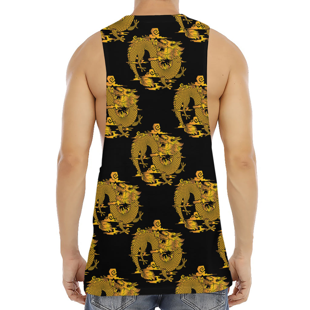 Black And Gold Dragon Pattern Print Men's Muscle Tank Top