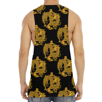 Black And Gold Dragon Pattern Print Men's Muscle Tank Top