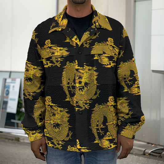 Black And Gold Dragon Pattern Print Men's Shirt Jacket
