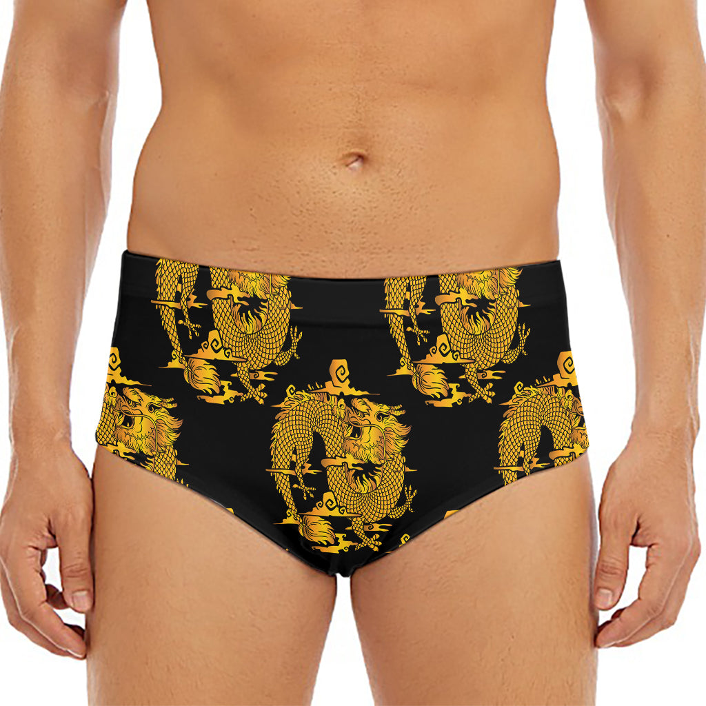 Black And Gold Dragon Pattern Print Men's Triangle Swim Briefs