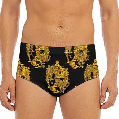 Black And Gold Dragon Pattern Print Men's Triangle Swim Briefs