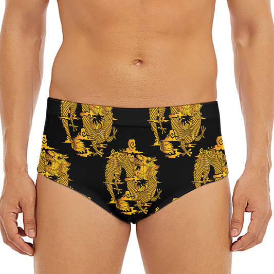 Black And Gold Dragon Pattern Print Men's Triangle Swim Briefs