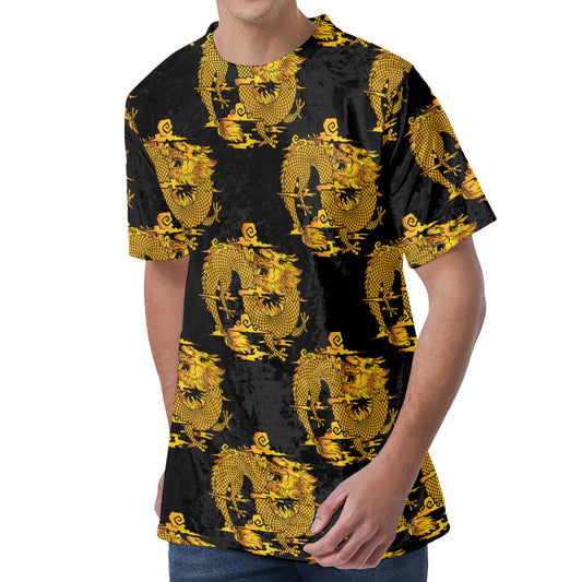 Black And Gold Dragon Pattern Print Men's Velvet T-Shirt