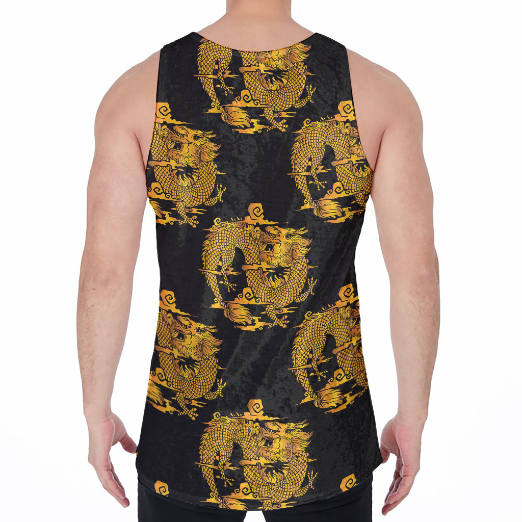 Black And Gold Dragon Pattern Print Men's Velvet Tank Top
