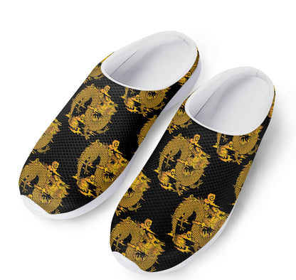 Black And Gold Dragon Pattern Print Mesh Casual Shoes