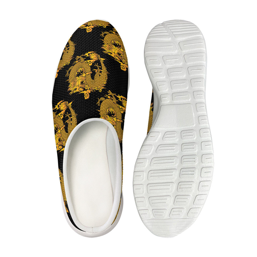 Black And Gold Dragon Pattern Print Mesh Casual Shoes