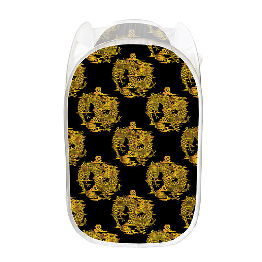 Black And Gold Dragon Pattern Print Mesh Laundry Hamper