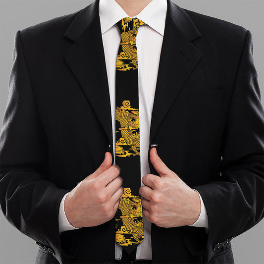 Black And Gold Dragon Pattern Print Necktie