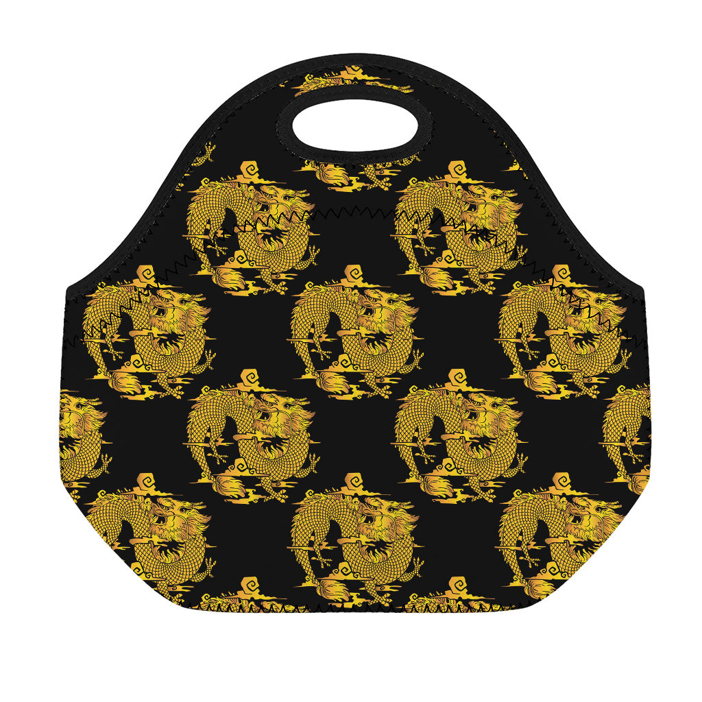 Black And Gold Dragon Pattern Print Neoprene Lunch Bag