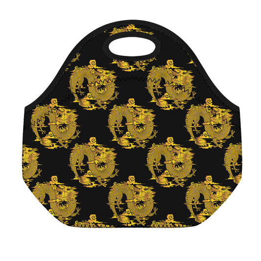 Black And Gold Dragon Pattern Print Neoprene Lunch Bag