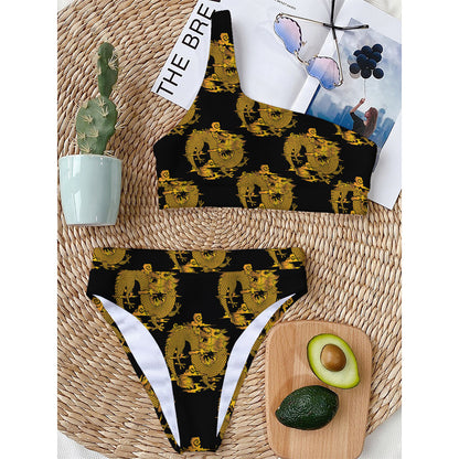 Black And Gold Dragon Pattern Print One Shoulder Bikini Top