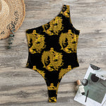 Black And Gold Dragon Pattern Print One Shoulder Bodysuit