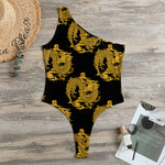 Black And Gold Dragon Pattern Print One Shoulder Bodysuit