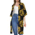 Black And Gold Dragon Pattern Print Open Front Beach Cover Up