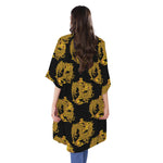 Black And Gold Dragon Pattern Print Open Front Beach Cover Up
