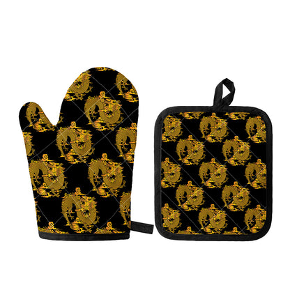 Black And Gold Dragon Pattern Print Oven Mitt And Pot Holder Set