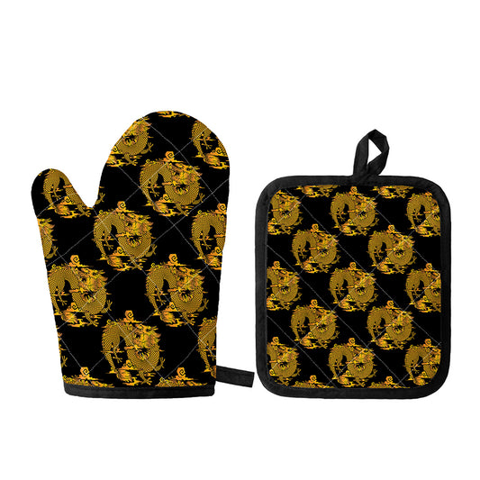 Black And Gold Dragon Pattern Print Oven Mitt And Pot Holder Set