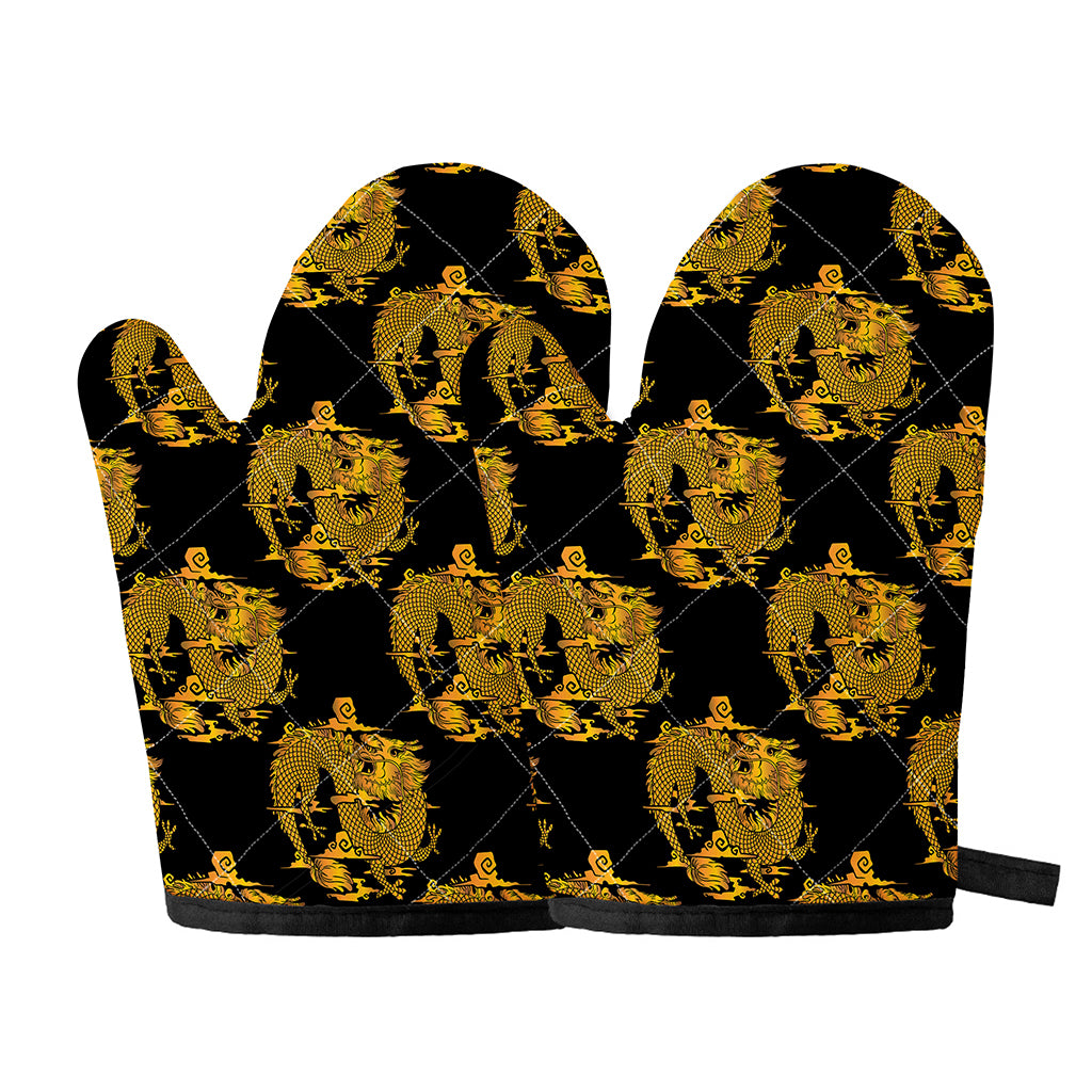 Black And Gold Dragon Pattern Print Oven Mitts