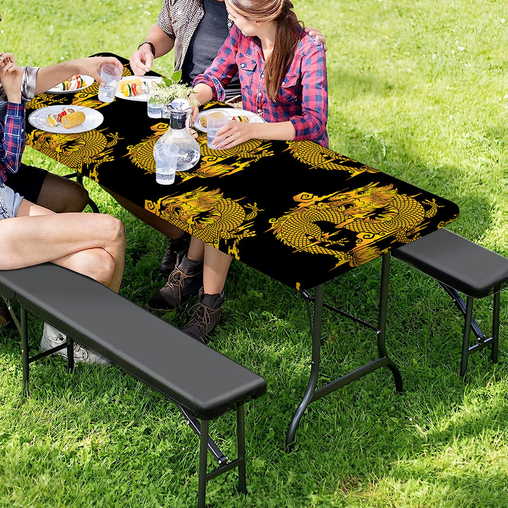 Black And Gold Dragon Pattern Print Picnic Table Cover