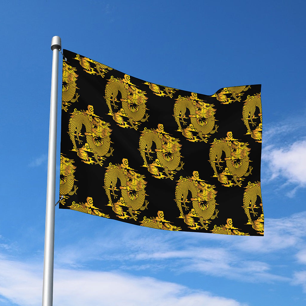Black And Gold Dragon Pattern Print Polyester Flag