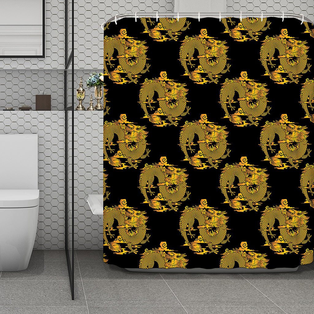 Black And Gold Dragon Pattern Print Polyester Shower Curtain