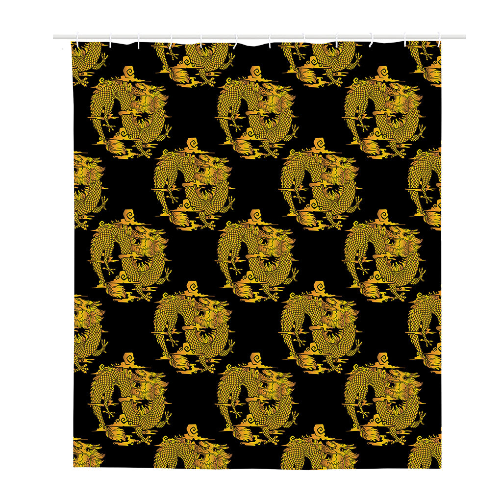Black And Gold Dragon Pattern Print Polyester Shower Curtain