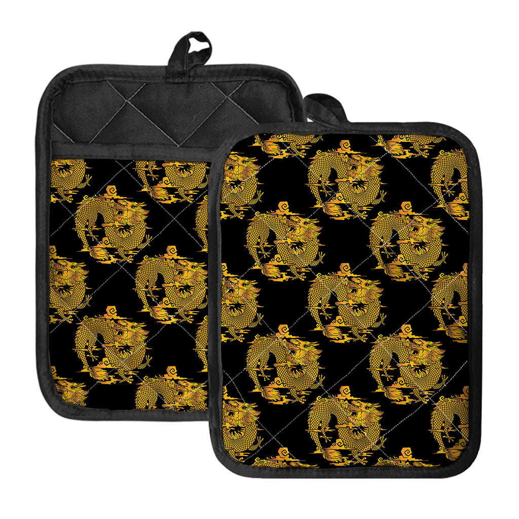 Black And Gold Dragon Pattern Print Pot Holders With Pocket