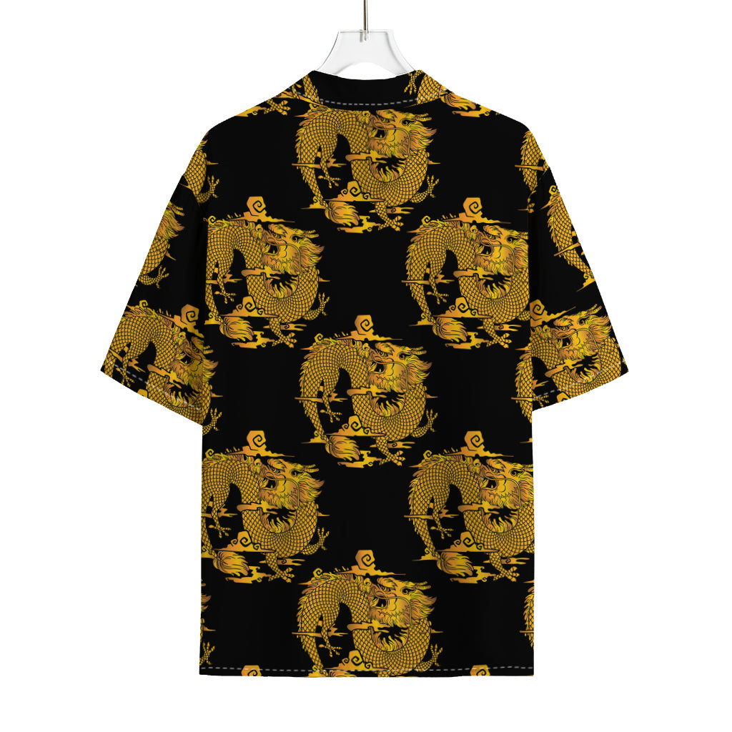 Black And Gold Dragon Pattern Print Rayon Hawaiian Shirt