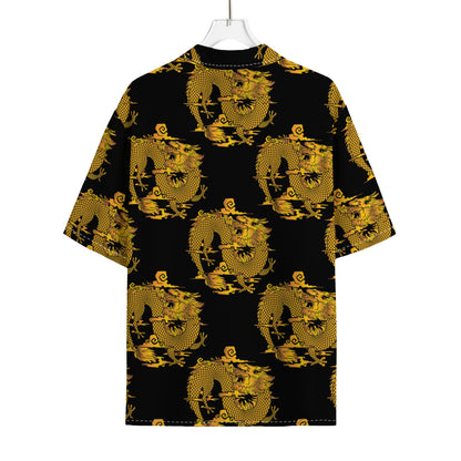Black And Gold Dragon Pattern Print Rayon Hawaiian Shirt