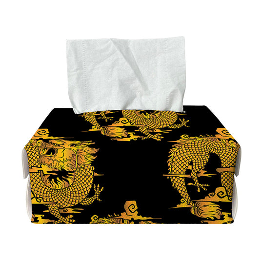 Black And Gold Dragon Pattern Print Rectangle Tissue Box Cover