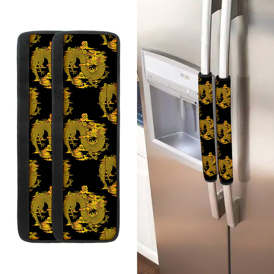 Black And Gold Dragon Pattern Print Refrigerator Handle Covers