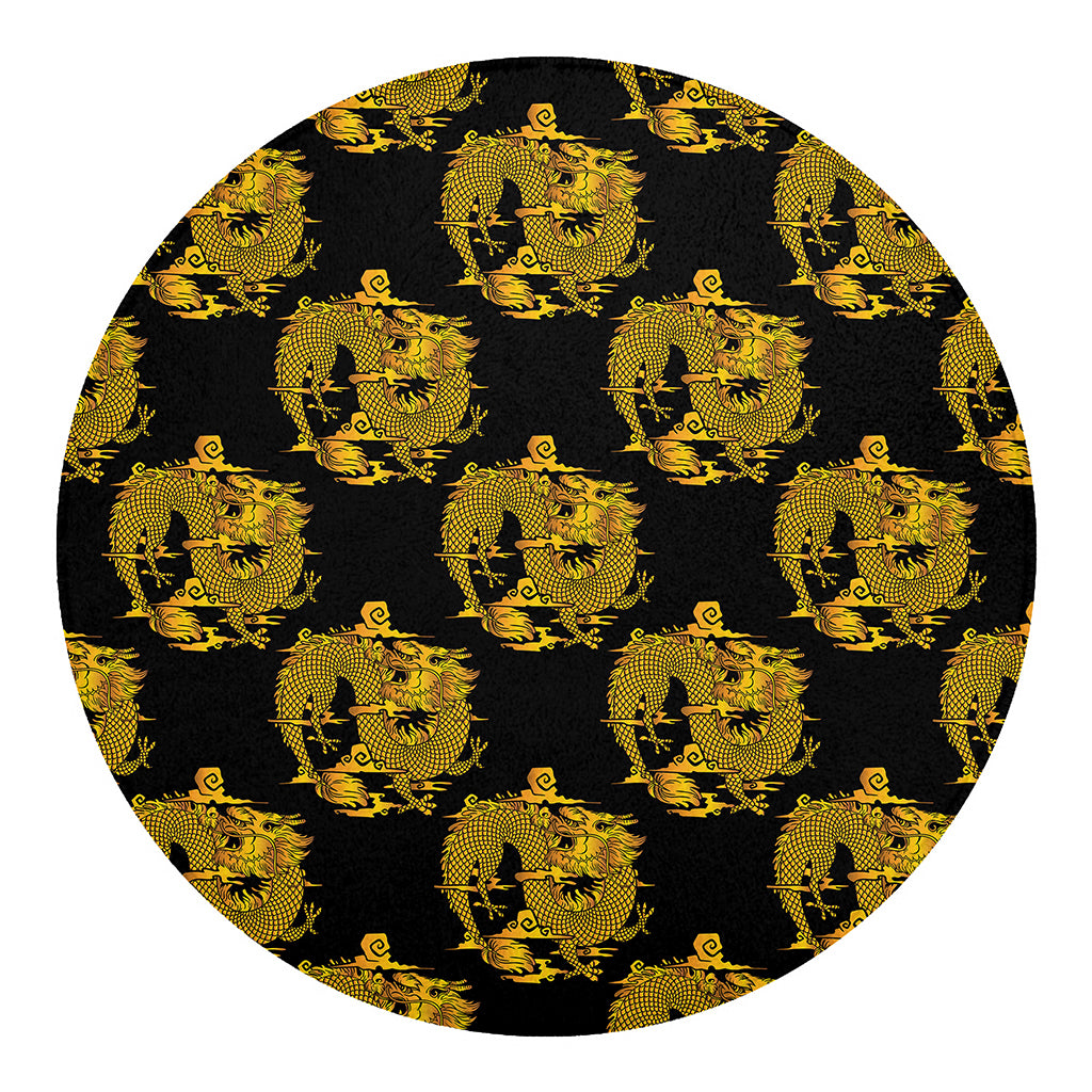 Black And Gold Dragon Pattern Print Round Blanket