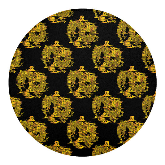 Black And Gold Dragon Pattern Print Round Blanket