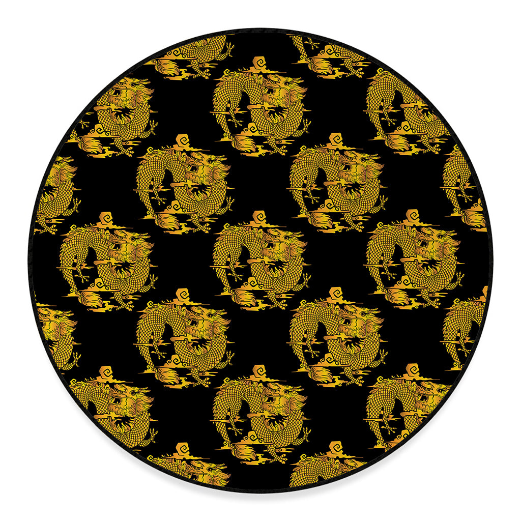 Black And Gold Dragon Pattern Print Round Floor Mat