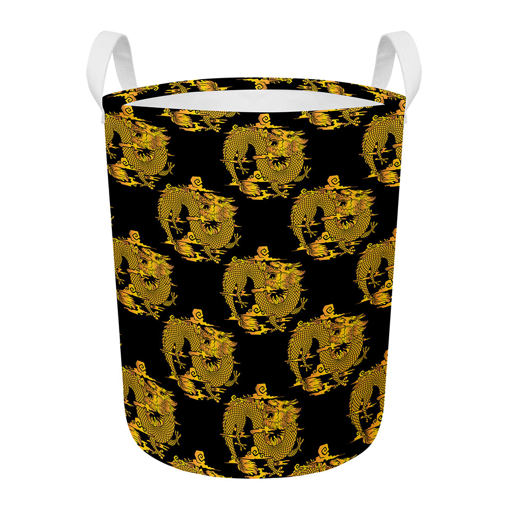 Black And Gold Dragon Pattern Print Round Laundry Basket