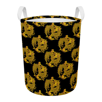 Black And Gold Dragon Pattern Print Round Laundry Basket