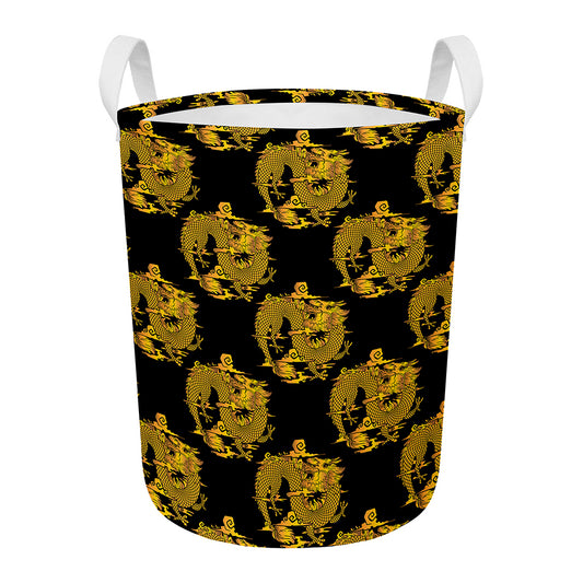 Black And Gold Dragon Pattern Print Round Laundry Basket