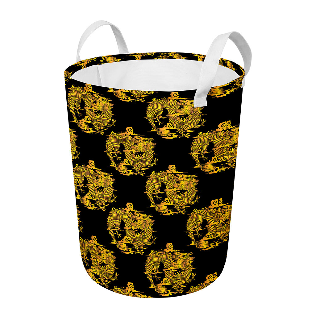 Black And Gold Dragon Pattern Print Round Laundry Basket