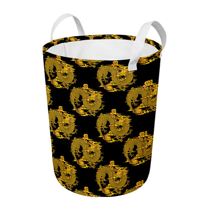 Black And Gold Dragon Pattern Print Round Laundry Basket