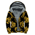 Black And Gold Dragon Pattern Print Sherpa Lined Zip Up Hoodie