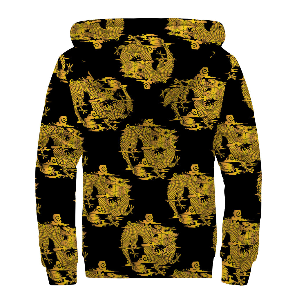 Black And Gold Dragon Pattern Print Sherpa Lined Zip Up Hoodie