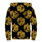 Black And Gold Dragon Pattern Print Sherpa Lined Zip Up Hoodie