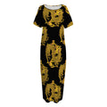 Black And Gold Dragon Pattern Print Short Sleeve Long Nightdress