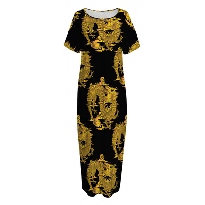 Black And Gold Dragon Pattern Print Short Sleeve Long Nightdress
