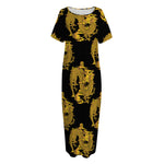 Black And Gold Dragon Pattern Print Short Sleeve Long Nightdress