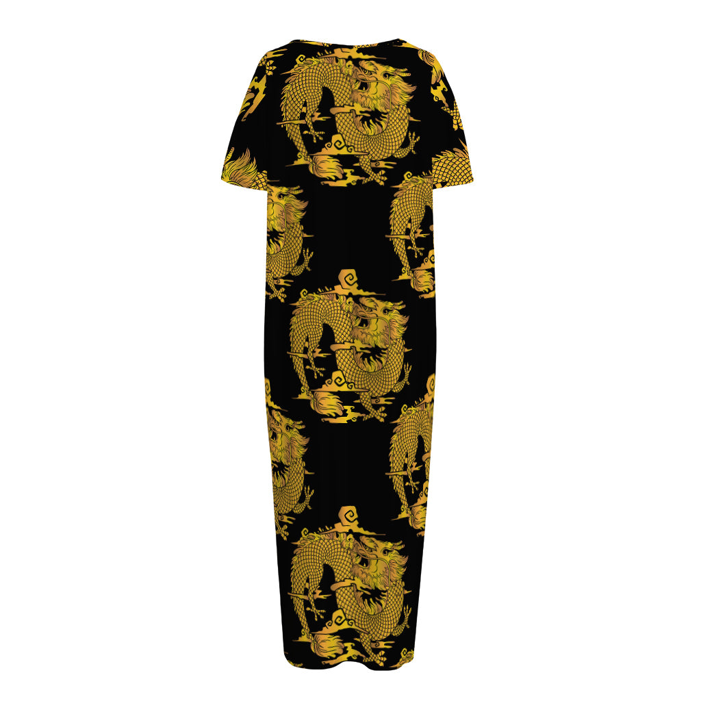Black And Gold Dragon Pattern Print Short Sleeve Long Nightdress