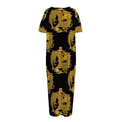 Black And Gold Dragon Pattern Print Short Sleeve Long Nightdress