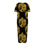 Black And Gold Dragon Pattern Print Short Sleeve Long Nightdress
