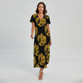 Black And Gold Dragon Pattern Print Short Sleeve Maxi Dress