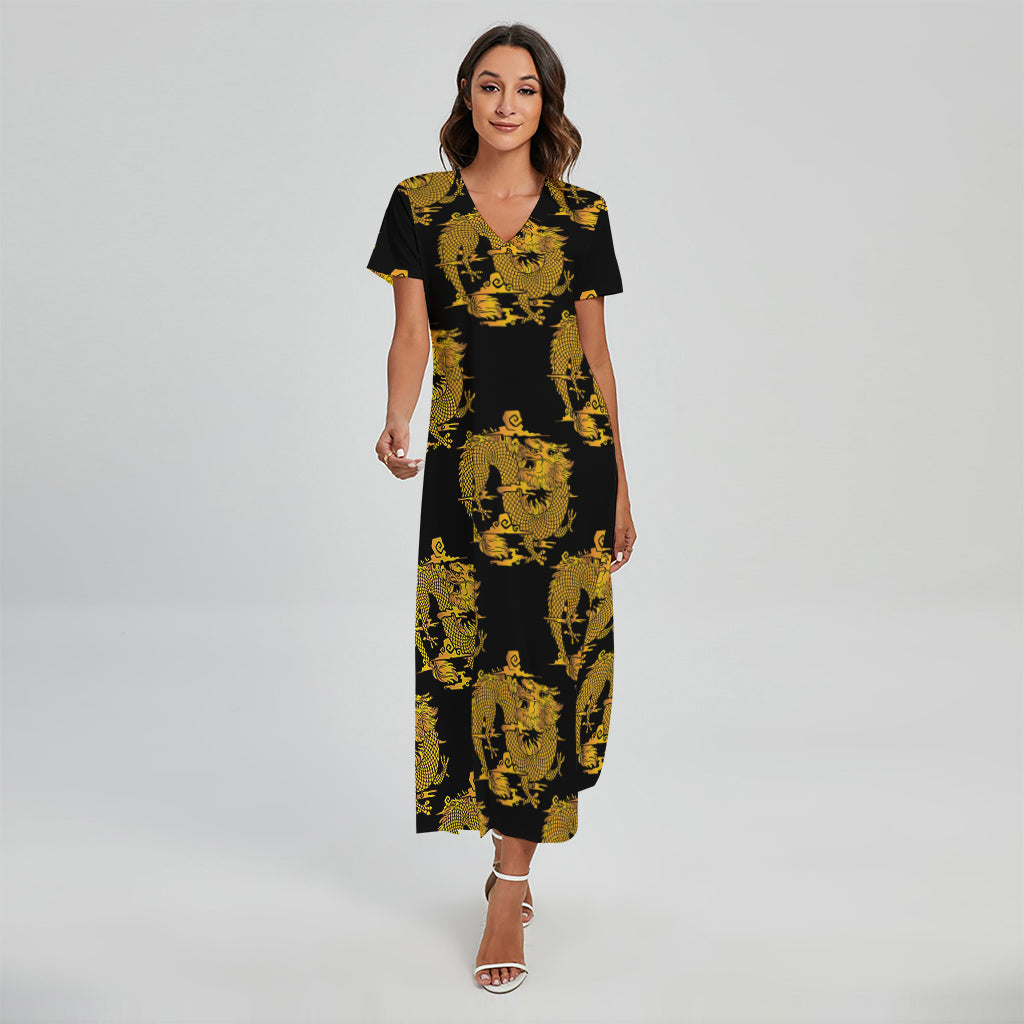 Black And Gold Dragon Pattern Print Short Sleeve Maxi Dress